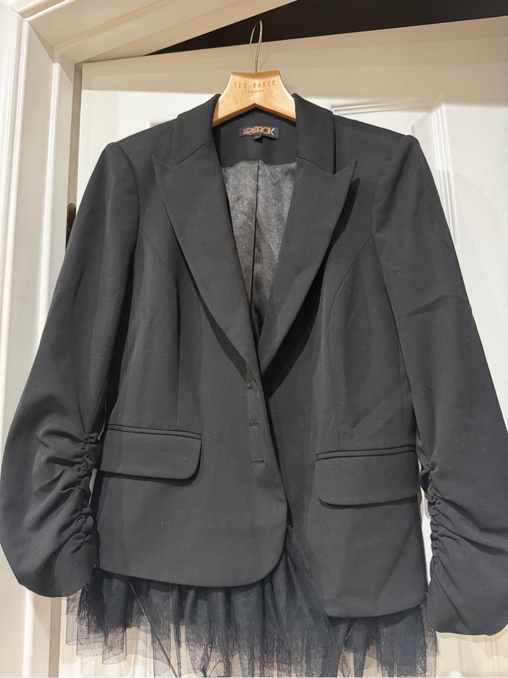LaRok Black Satin-Lined Blazer Tulle Trim Rouched Sleeves